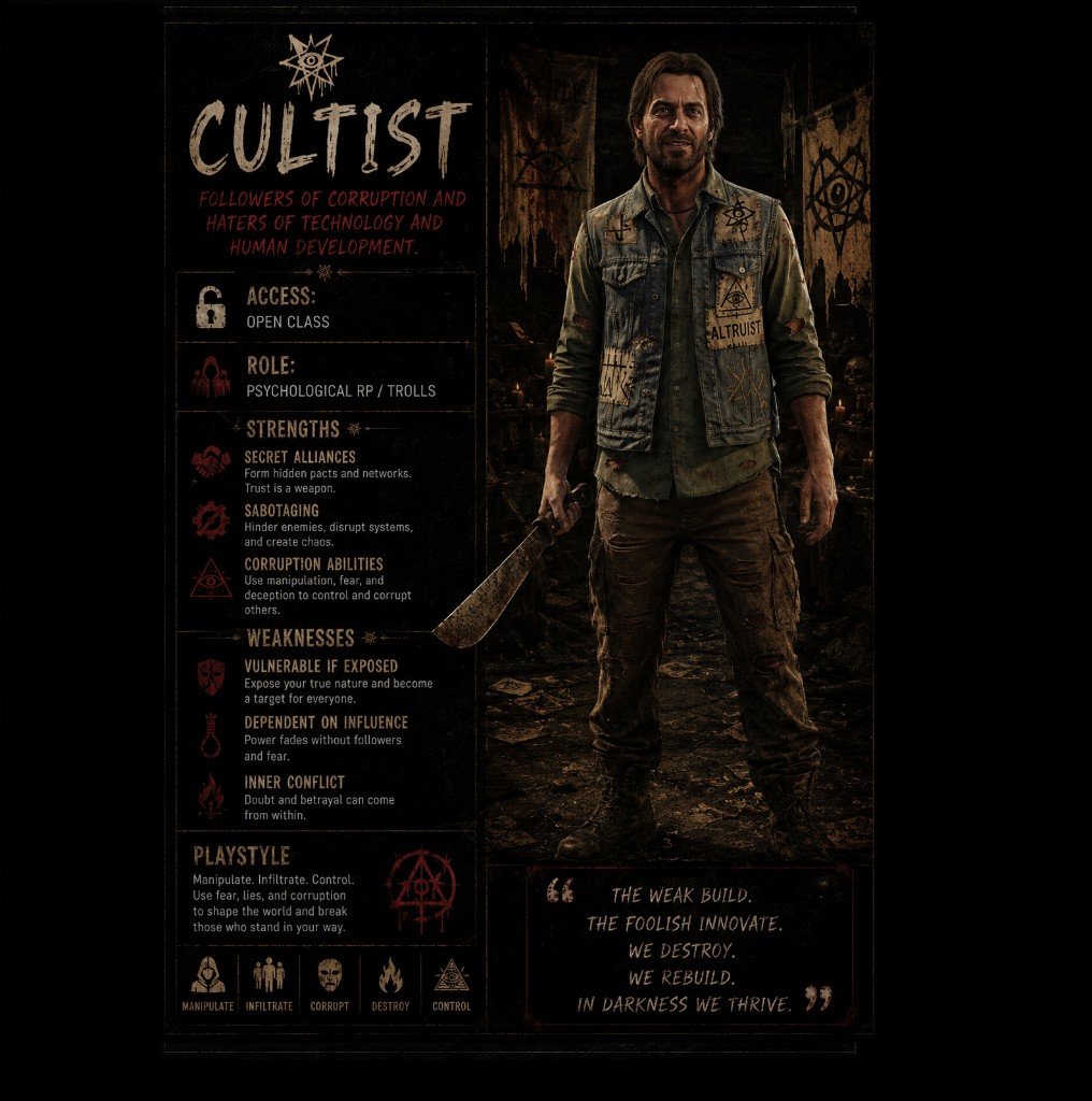 Cultist class card. Open class. Psychological roleplay.