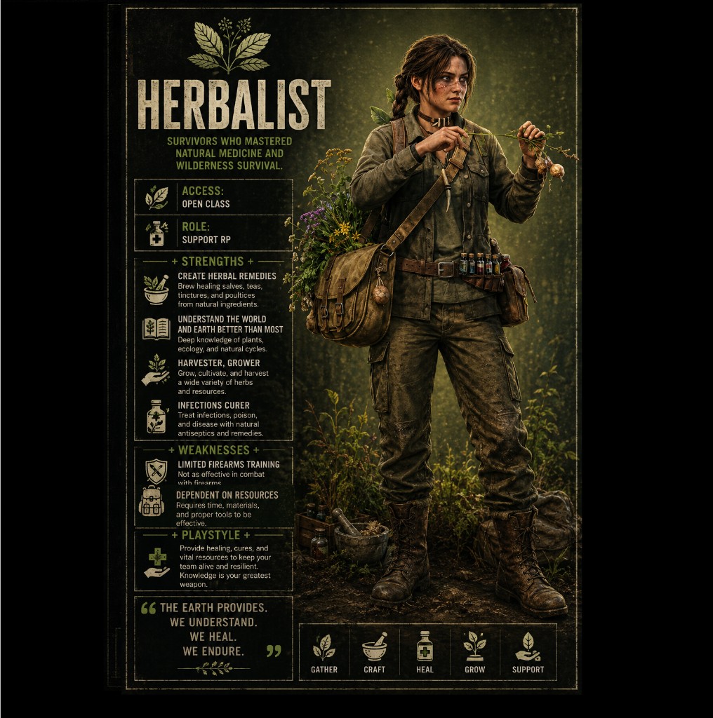 Herbalist class card. Open class. Support roleplay.