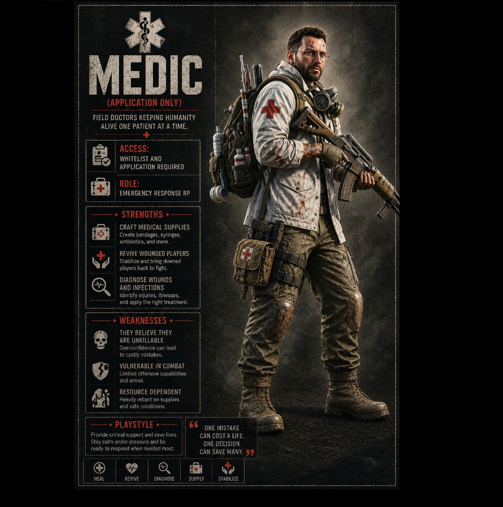 Medic class card. Application only. Emergency response roleplay.