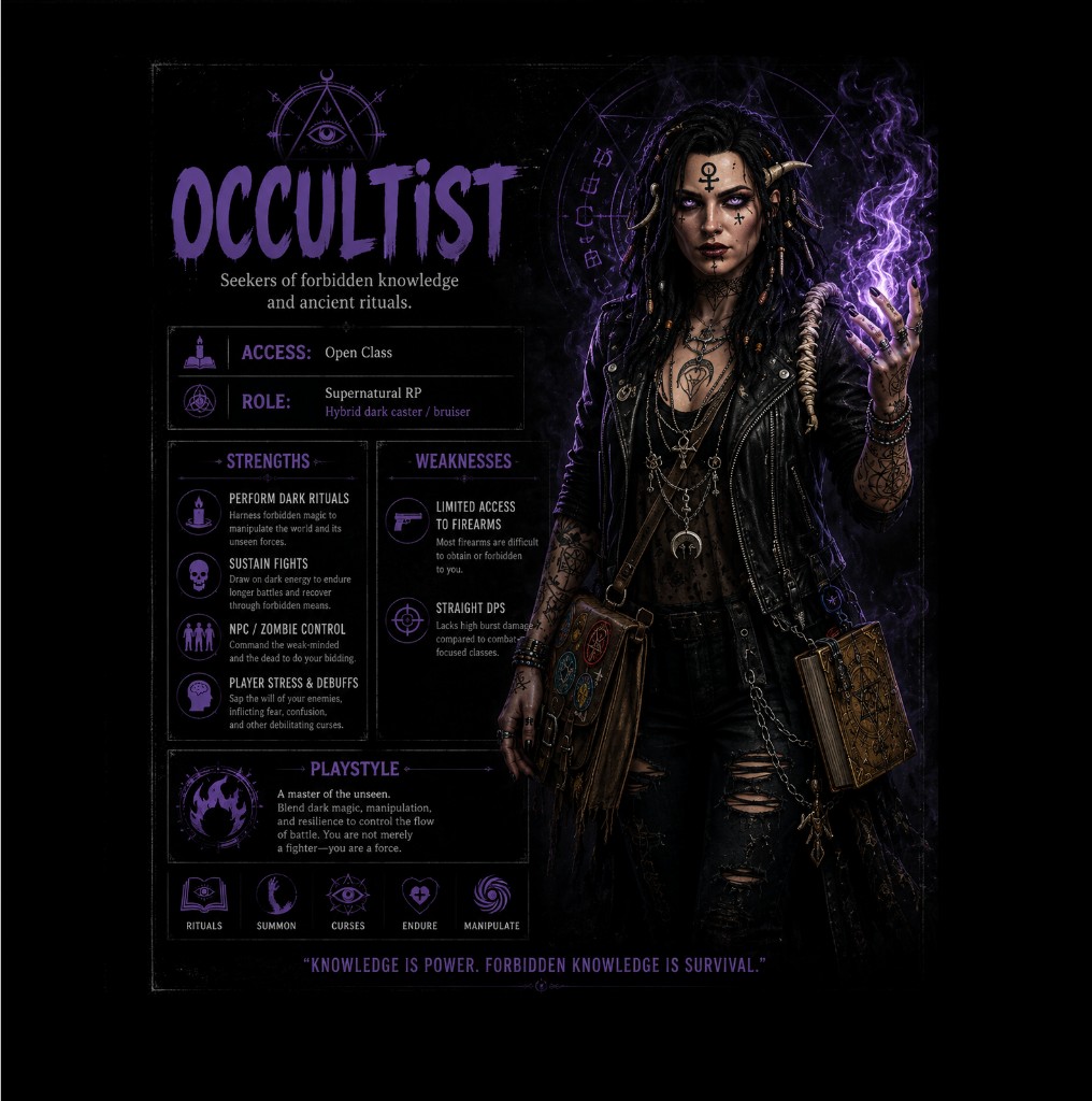 Occultist class card. Open class. Supernatural roleplay.