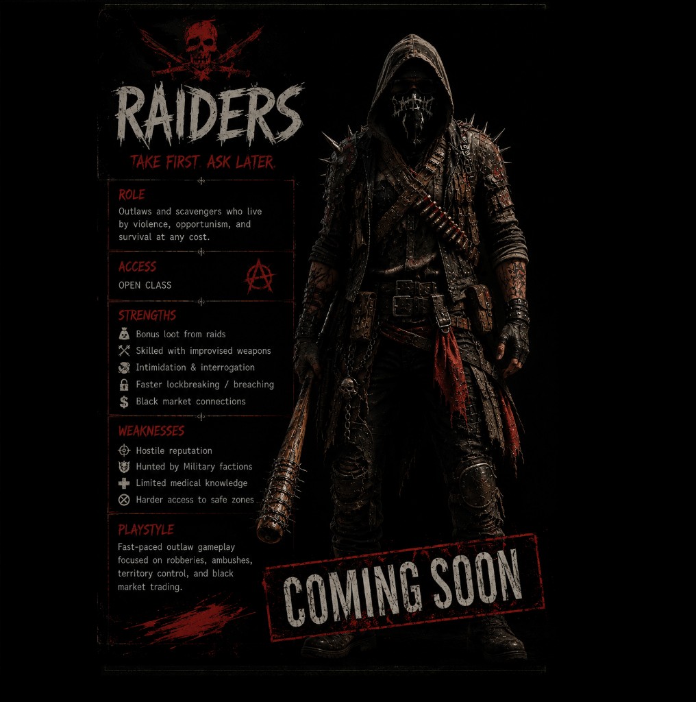 Raiders class card. Open class. Coming soon. Take first, ask later.